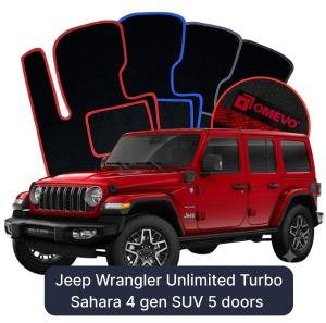 Velúrové autokoberce OMEVO pre Jeep Wrangler Unlimited Turbo Sahara 4 generácie SUV 5 dverí (2020-2025)