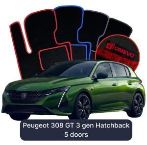 Velúrové autokoberce OMEVO pre Peugeot 308 GT 3 gen Hatchback 5-dverový (2021–2025)